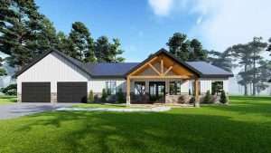 Modern barndominium with large front porch and Texas landscape, built by Heart of Texas Construction.