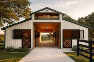 Four-stall center-aisle metal horse barn with cedar aisle ceiling and a quarter horse looking out of a stall in Central Texas