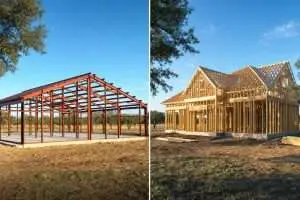Side-by-side comparison of red-iron steel building frame and traditional wood stud frame construction in Central Texas