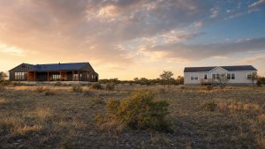 Custom steel barndominium and factory-built modular home displayed side by side on Central Texas ranch land