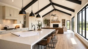 Bright open-concept interior of a family barndominium in Central Texas with vaulted ceilings, large kitchen island, and floor plan blueprint on the counter
